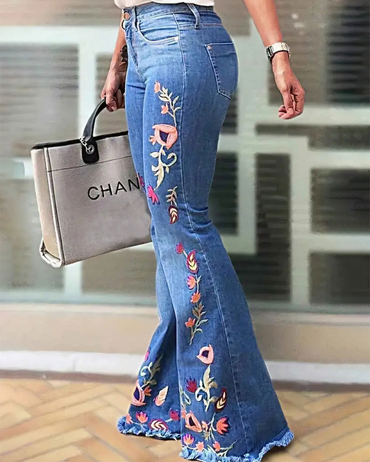 High-Stretch Embroidered Flared Jeans