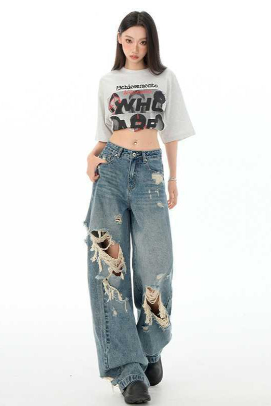 Retro Distressed Long Straight Leg Jeans