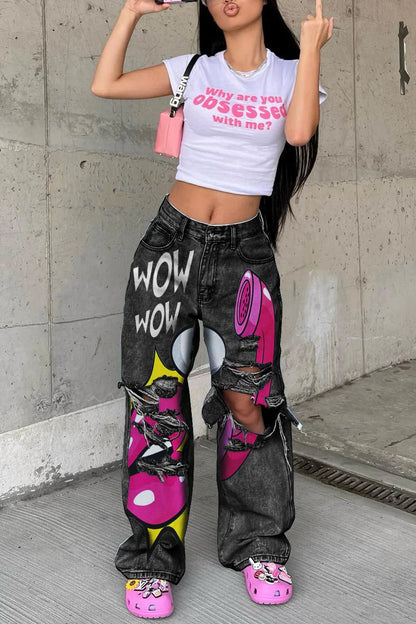 Mid Waist Printed Baggy Jeans