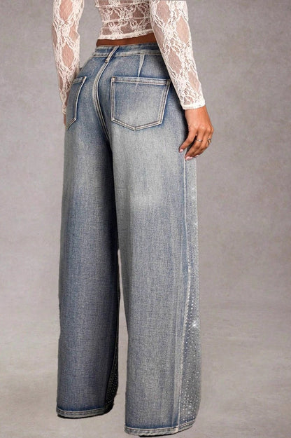 Full Rhinestone High Waist Wide Leg Denim Jeans