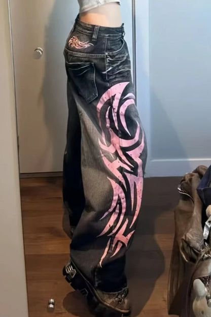 Vintage Print High Waist Wide Leg Jeans