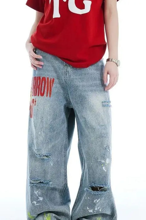 Washed Embroidered Loose Jeans