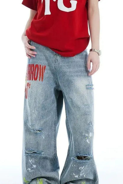 Washed Embroidered Loose Jeans