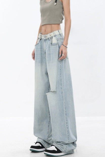 High Waist Draped Gradient Ripped Jeans