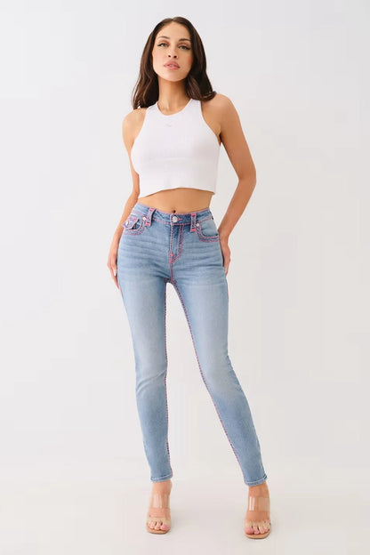 Washed Mid Rise Embroidered Jeans