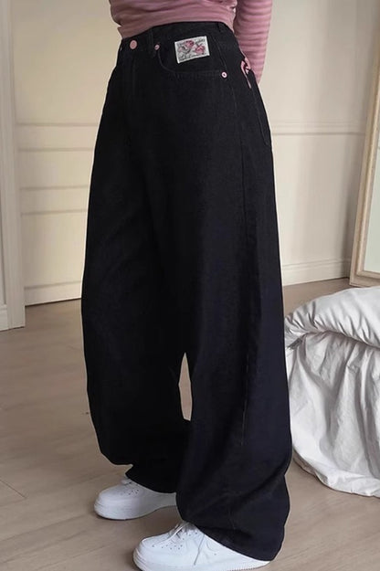 Black Embroidery Letter Print High Waist Jeans