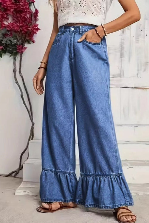 Ruffled Wide Leg Straight Loose Floor Length Jeans