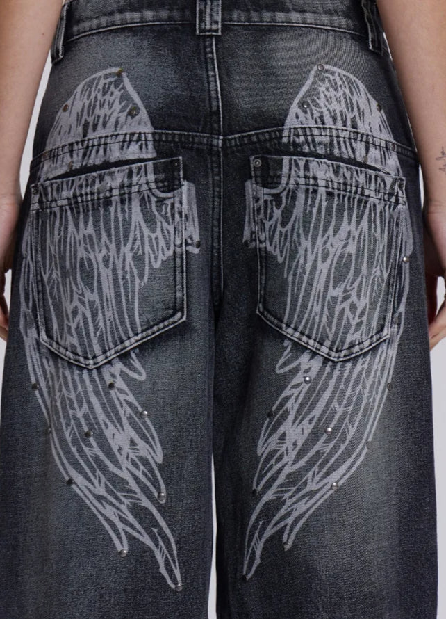 Gradient Wing Print Wide Leg Jeans