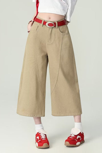 Khaki High Waist Cropped Wide Leg Jeans
