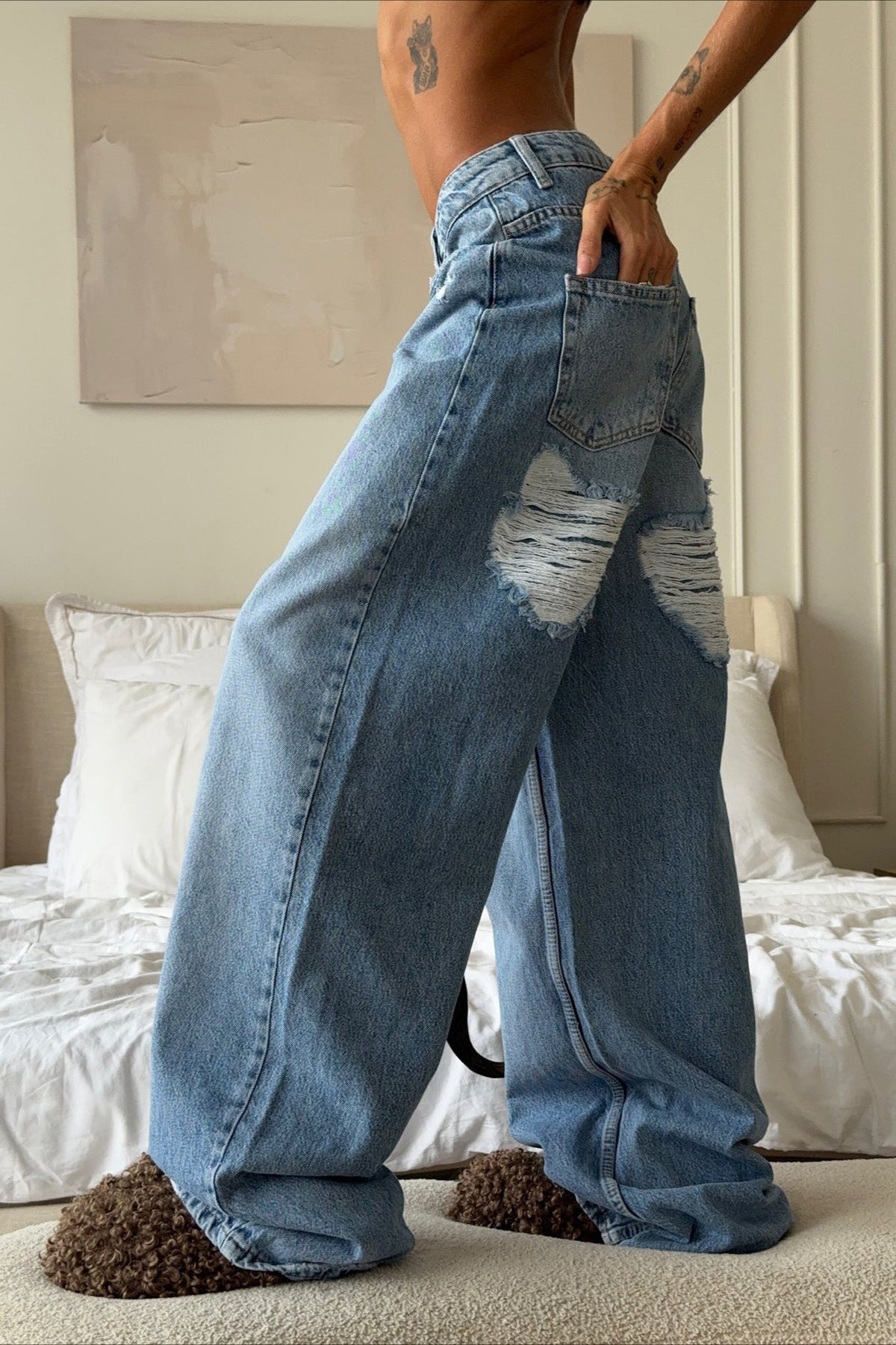 Vintage Heart Ripped Wide-Leg Jeans