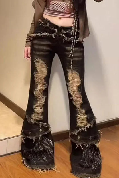 Retro Spice Girl Washed Ripped Flared Jeans