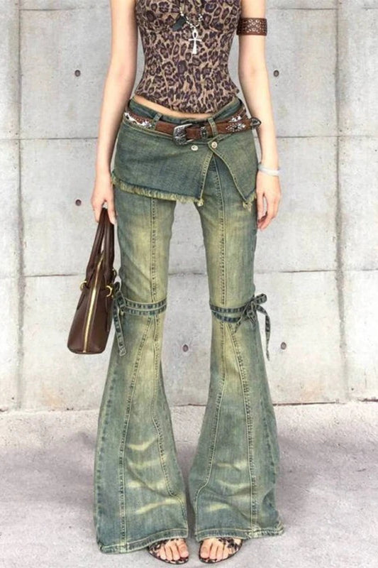 Y2K Vintage Bow Accent High Waist Slim Flare Jeans