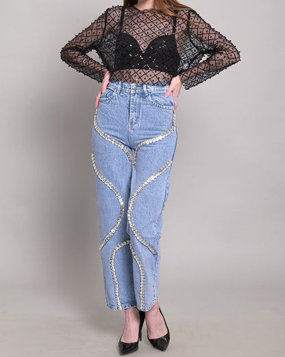 High-Waisted Rhinestone Paneled Straight-Leg Casual Jeans