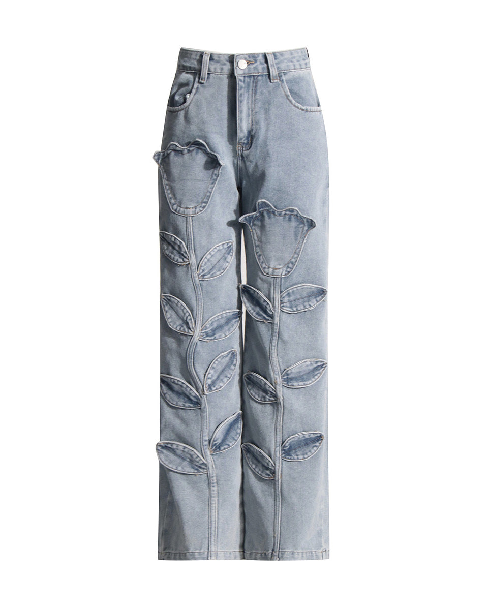 High-Waist Straight-Leg Casual Jeans With Floral Pattern