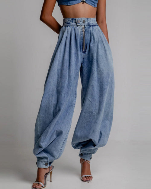 High Waist Zipper Cuffs Casual Retro Loose Jeans