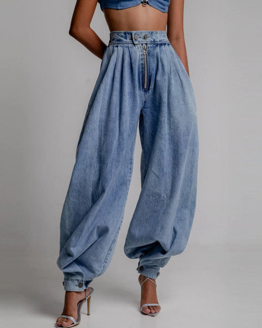 High Waist Zipper Cuffs Casual Retro Loose Jeans