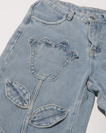 High-Waist Straight-Leg Casual Jeans With Floral Pattern
