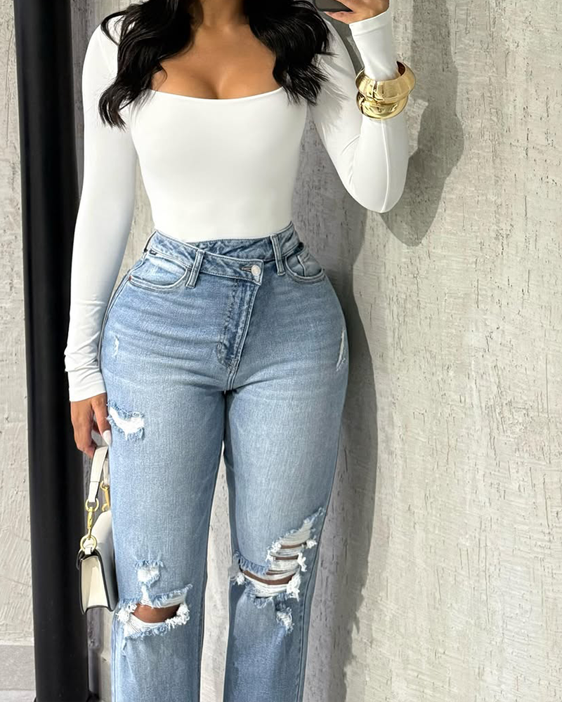 Slim High Waist Ripped Jeans