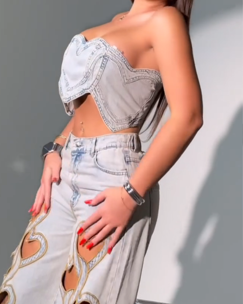 High-Waisted Heart-Cut Straight Jeans Set