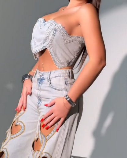 High-Waisted Heart-Cut Straight Jeans Set