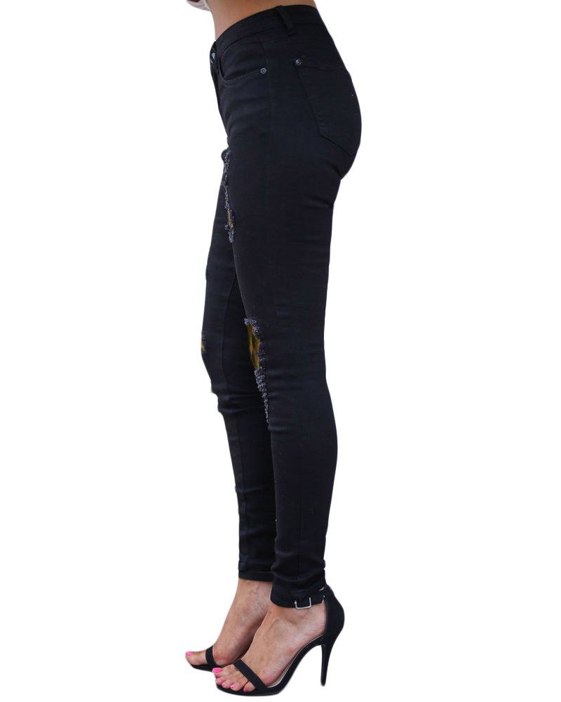 Leopard Print Ripped Patch Stretch Jeans