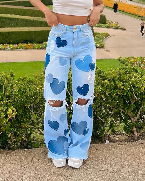 Patch Ripped Straight-Leg Jeans