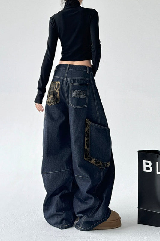 Leopard Spliced Vintage Wide Leg Jeans