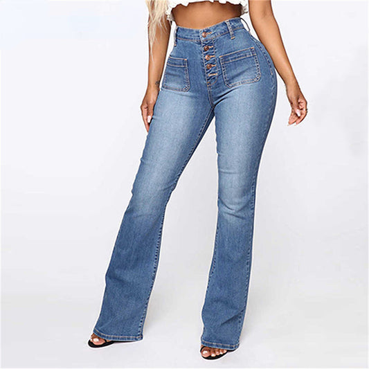 DressBetty - High Waist Elastic Jeans Women Button Washed Denim Pants Femme Pocke