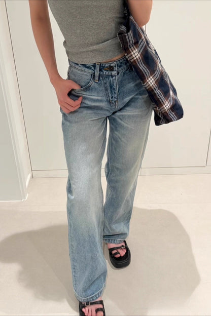 Vintage Heavy Washed Cotton Straight Mid Rise Jeans
