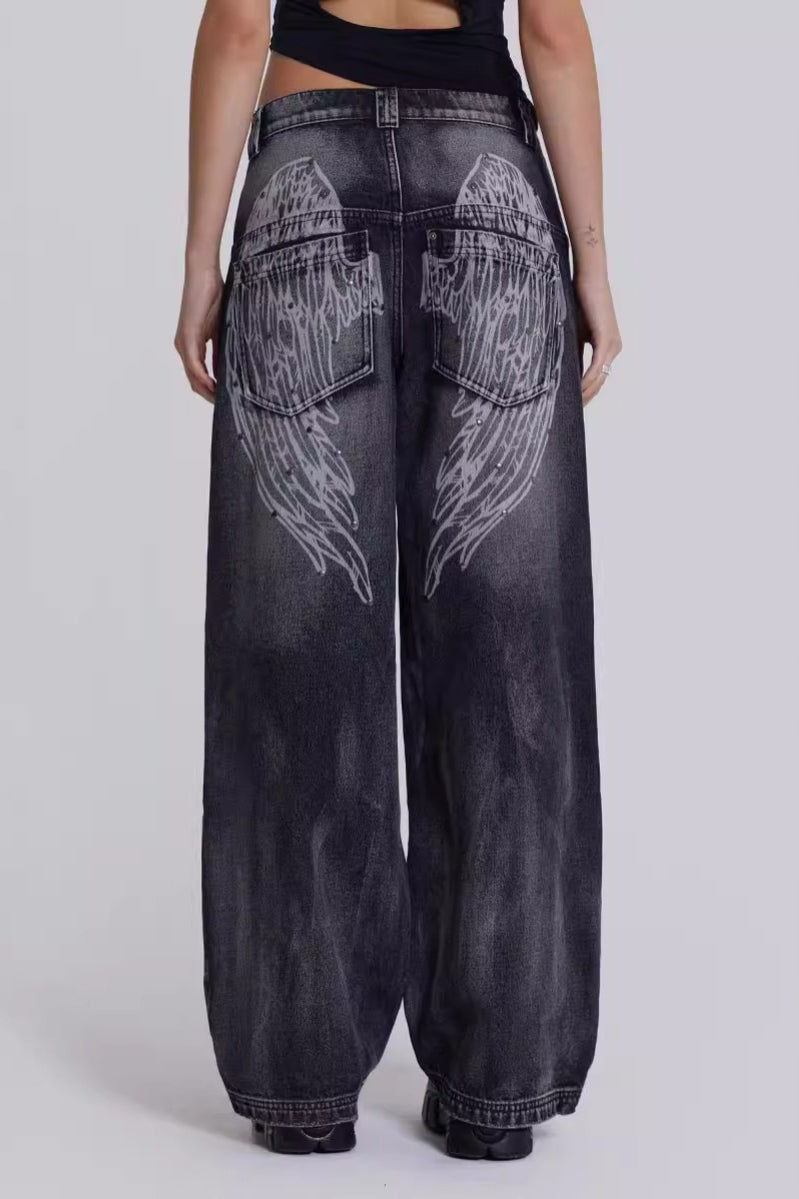 Y2K Angel Wing Print Washed Wide Leg Jeans