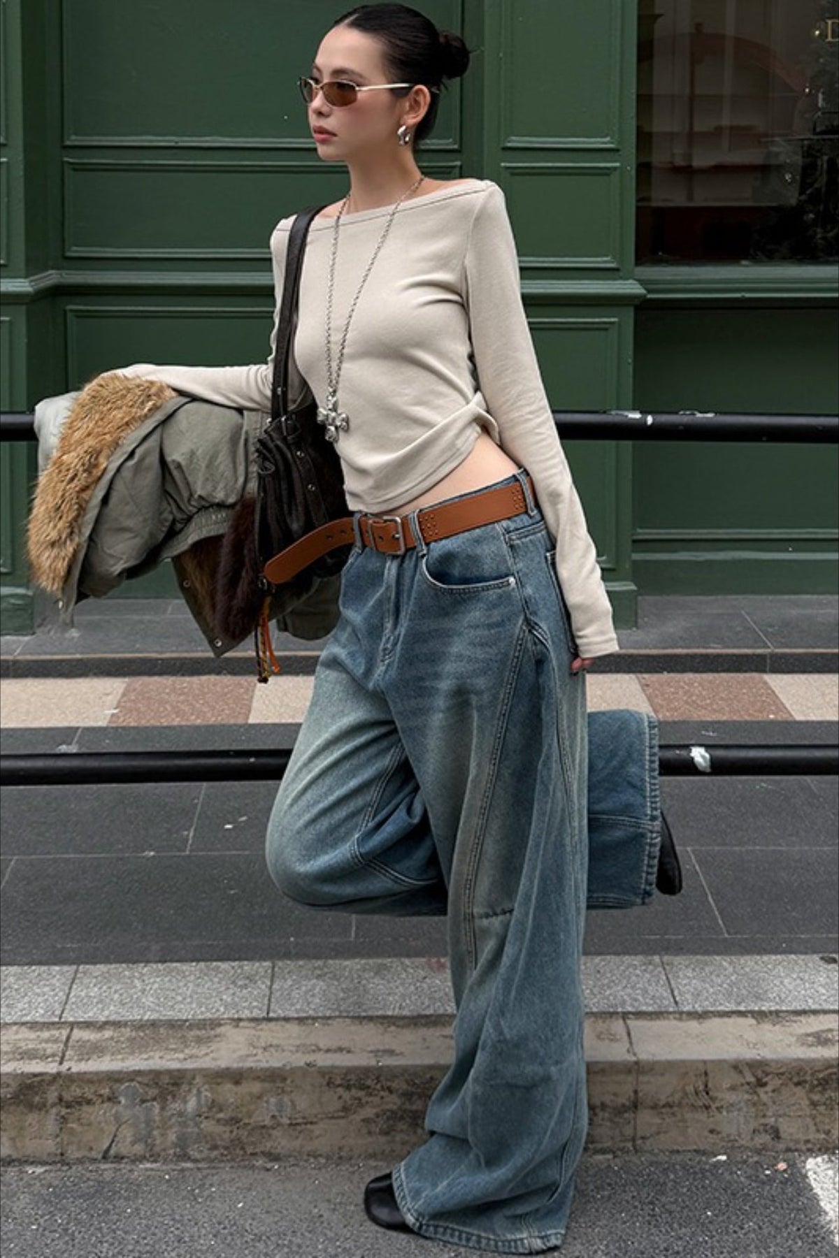 Vintage Blue Washed Whisker Fleece Lined Bootcut Jeans