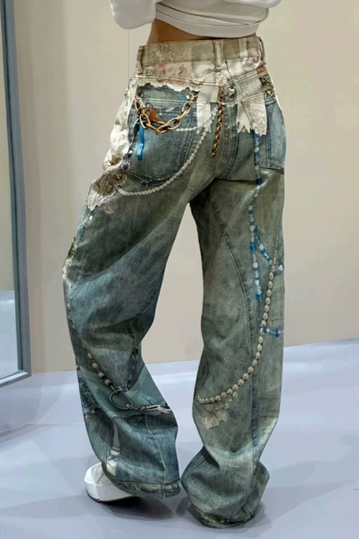 Lace Pearl Chain Printed Vintage Washed Casual Jeans