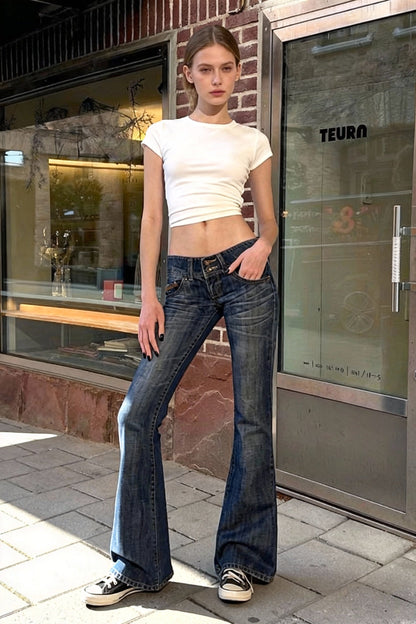 Low Waisted Washed Slim Flared Leg Jeans
