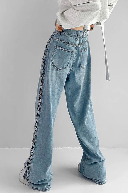 Side Braided Cutout Wide Leg Jeans