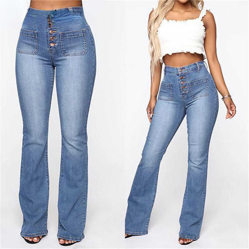 DressBetty - High Waist Elastic Jeans Women Button Washed Denim Pants Femme Pocke