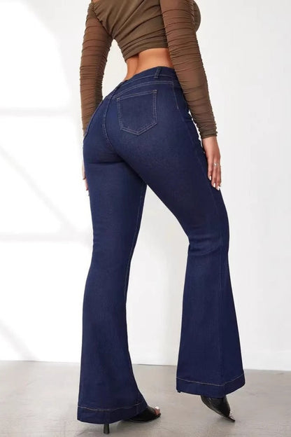 High Waist Button Front Patchwork Slim Kick Flare Jeans