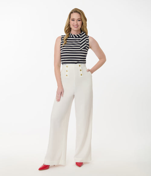 Smak Parlour White & Gold Button Wide Leg Sailor Pants