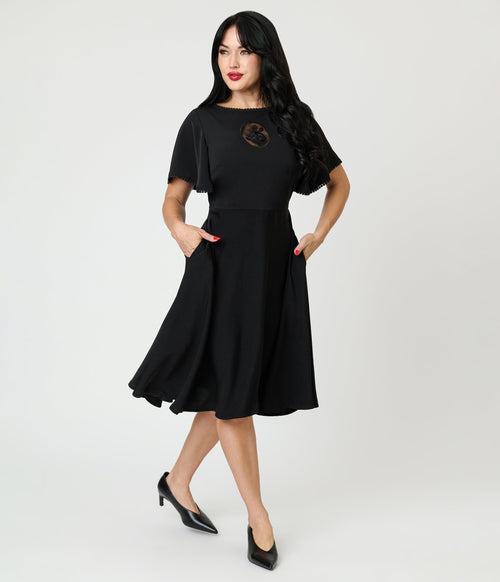 Unique Vintage Black Floral Mesh Cutout Swing Dress