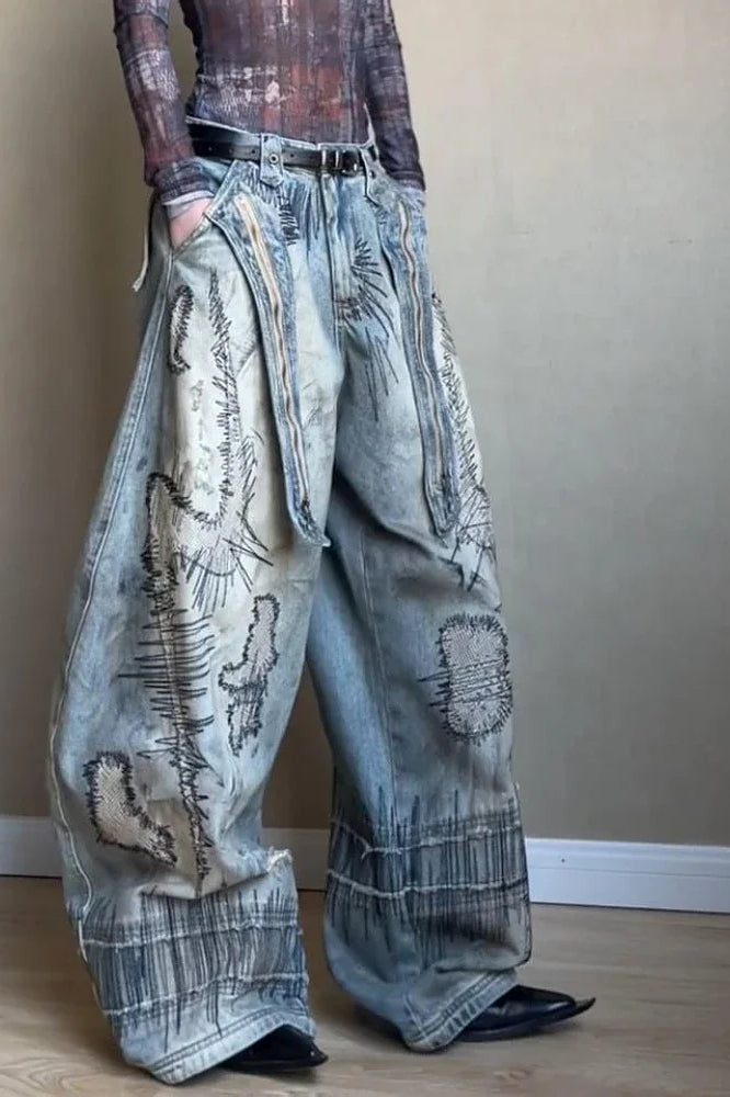 Needle Embroidered Wide Leg Jeans