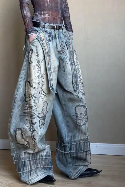 Needle Embroidered Wide Leg Jeans