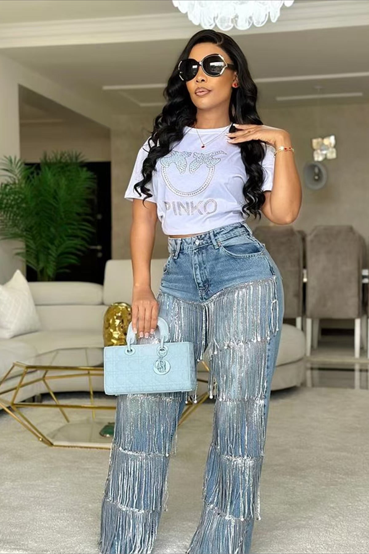 Sequin Fringe Straight Leg Jeans