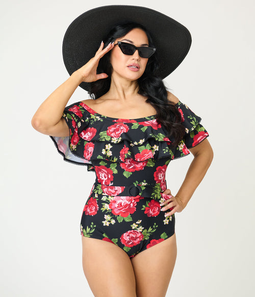 Unique Vintage Black Cabbage Roses Off Shoulder Nantucket Swimsuit