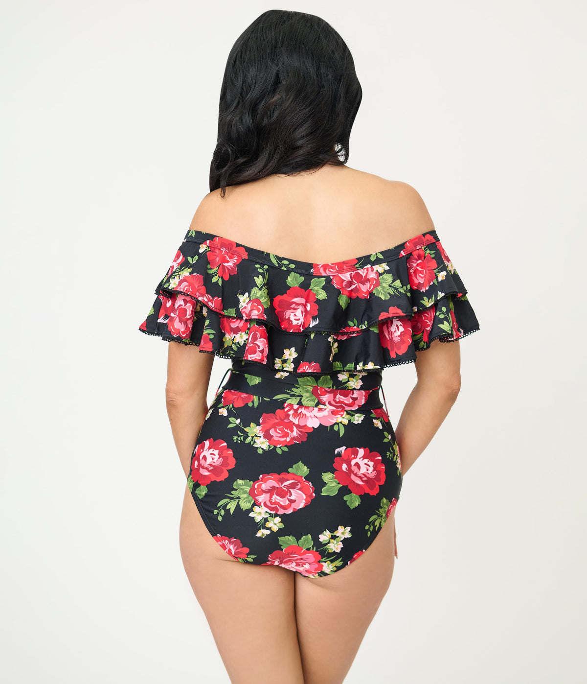 Unique Vintage Black Cabbage Roses Off Shoulder Nantucket Swimsuit