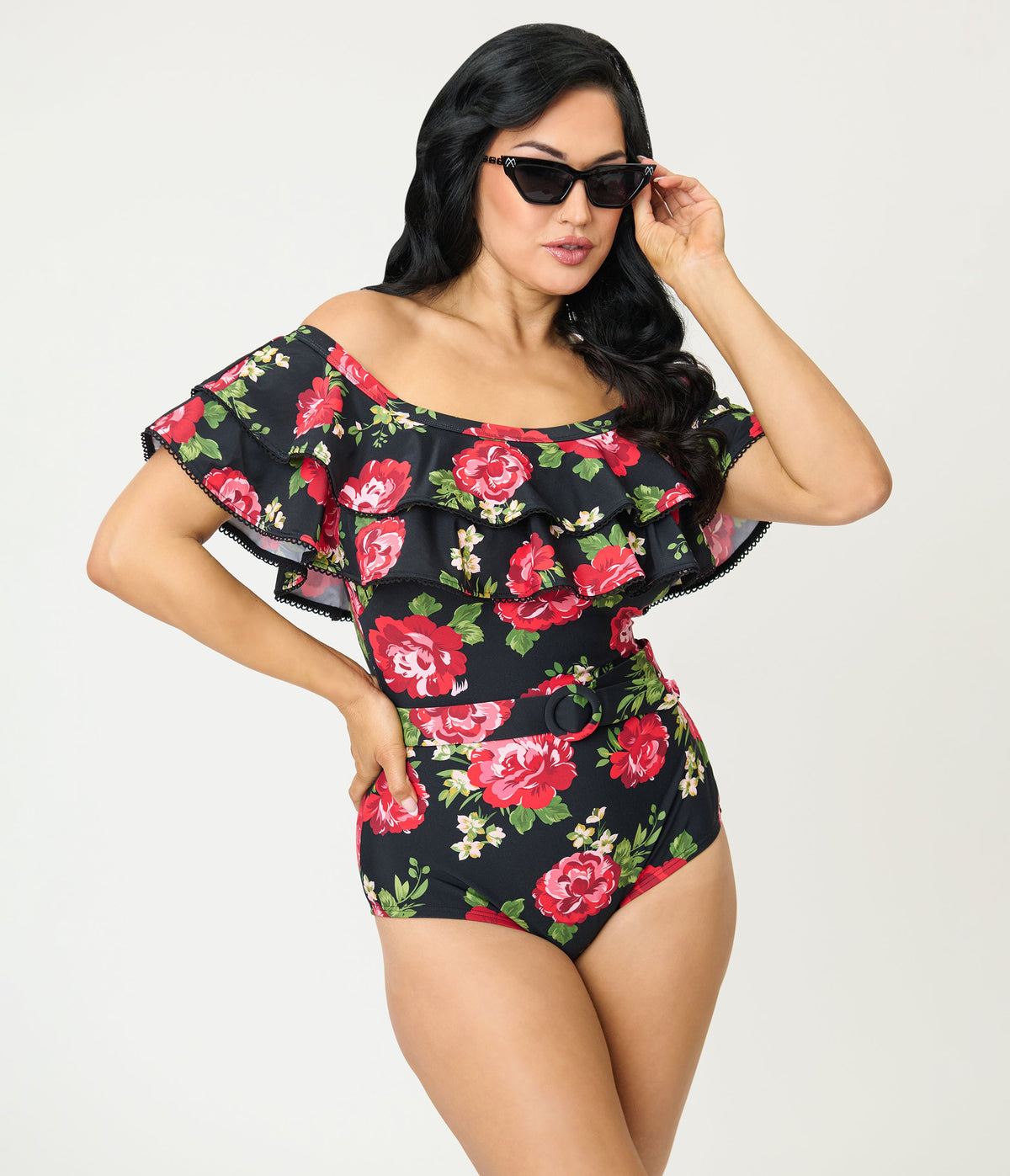 Unique Vintage Black Cabbage Roses Off Shoulder Nantucket Swimsuit