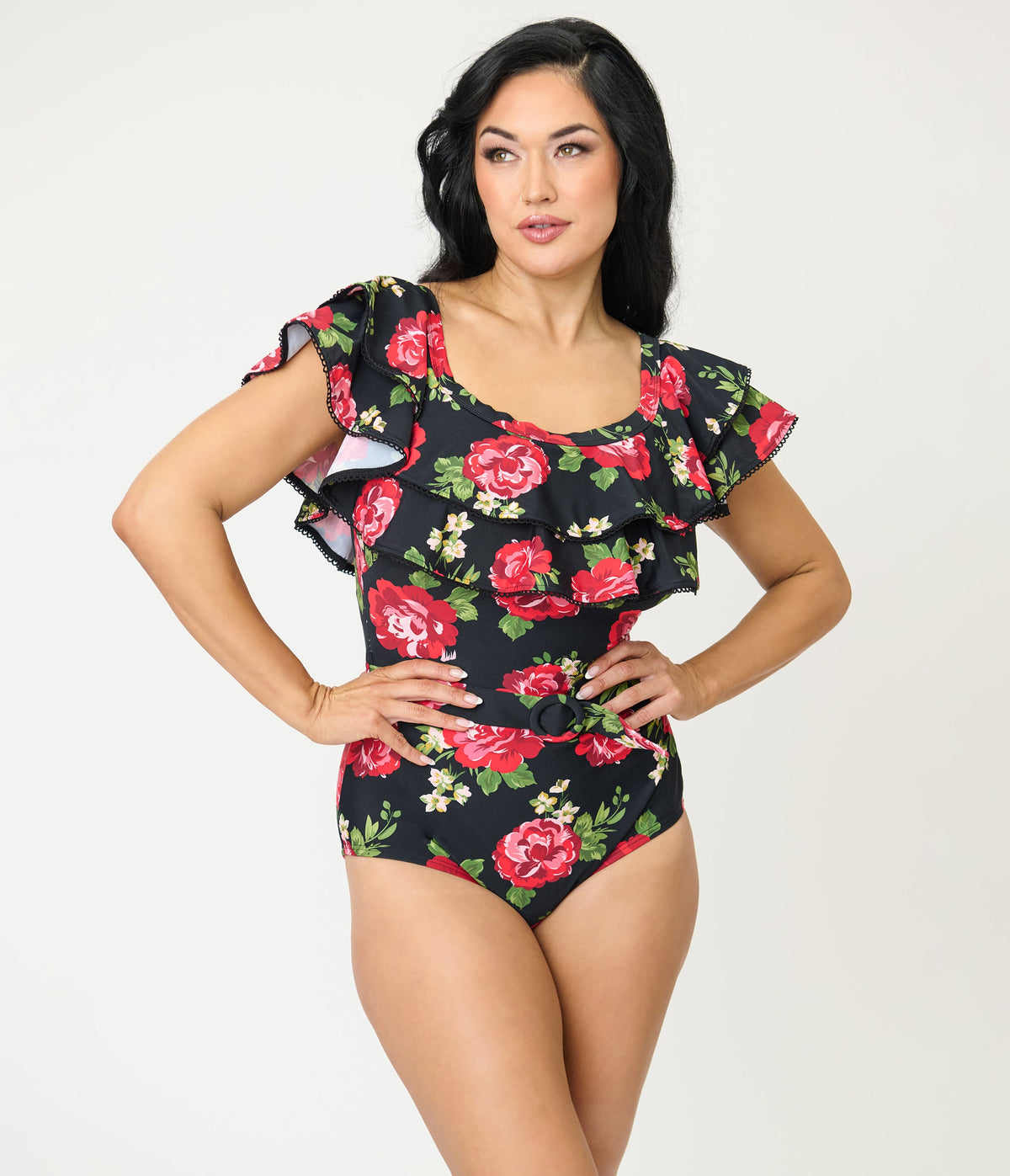 Unique Vintage Black Cabbage Roses Off Shoulder Nantucket Swimsuit