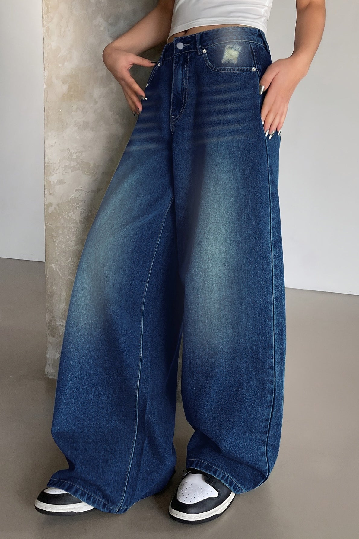 Long Wide Leg Washed Blue Ripped Relaxed Jeans