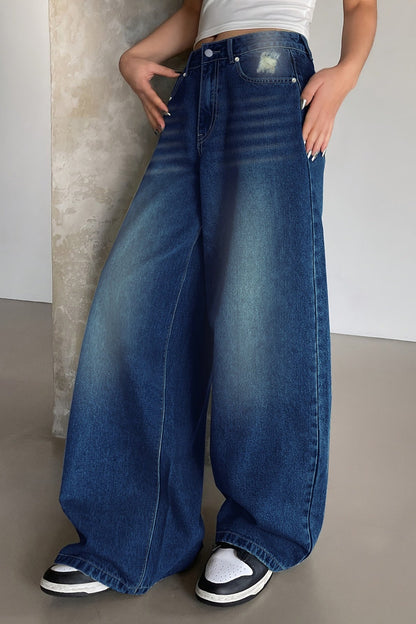 Long Wide Leg Washed Blue Ripped Relaxed Jeans