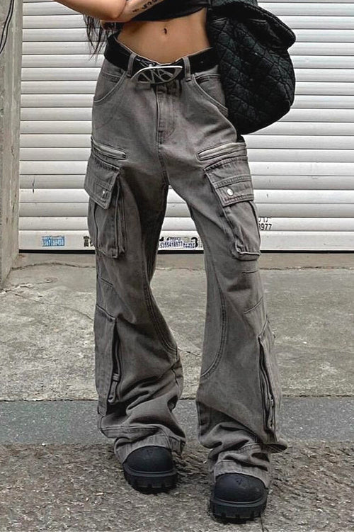 Streetwear Multi-pocket Cargo Washed Jeans