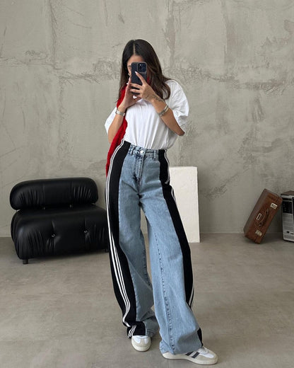 High Waisted Straight Pants Casual Pants Striped Patchwork Jeans