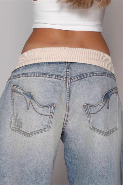 Vintage Patchwork Low Waist Straight Loose Jeans